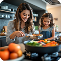 Mutter und Tochter kochen gemeinsam frisches Gemüse in einer modernen Küche – vegetarische Ernährung für Kinder und Familien.